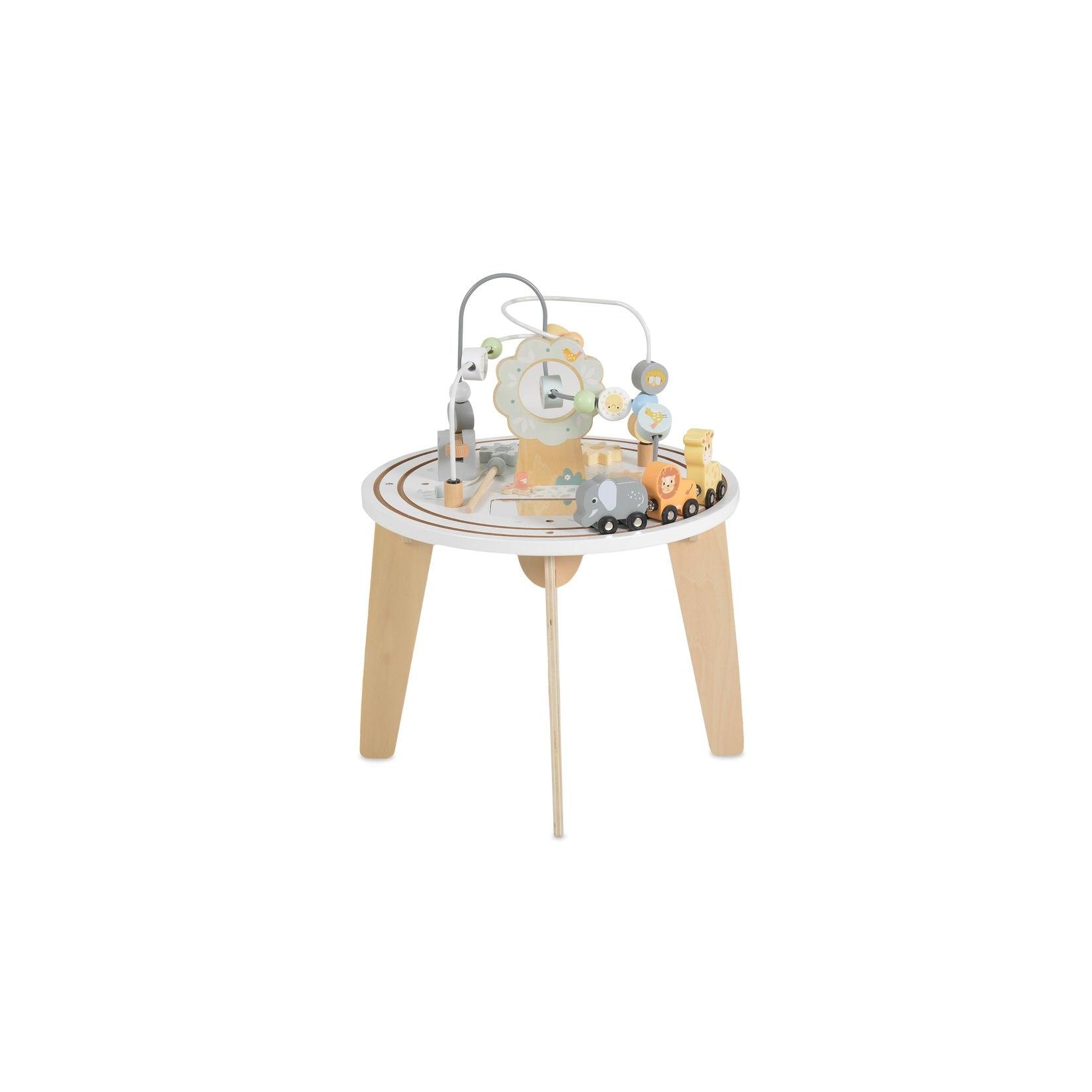 Moni Kinderspieltisch W12D626, Holz, Eisenbahn, Tiere, Perlenlabyrinth, Spiegel weiß