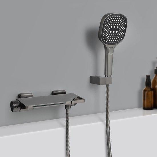 Unyqoos Wandarmatuur voor bad met watervaluitloop en handdouche, grijs, loodvrij messing met keramische ventielen