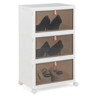 COSTWAY 3‑Ebenen Aufbewahrungsboxen mit Rollen, magnetischen Türen, klappbar für Schuhe, Spielzeug, Kleidung