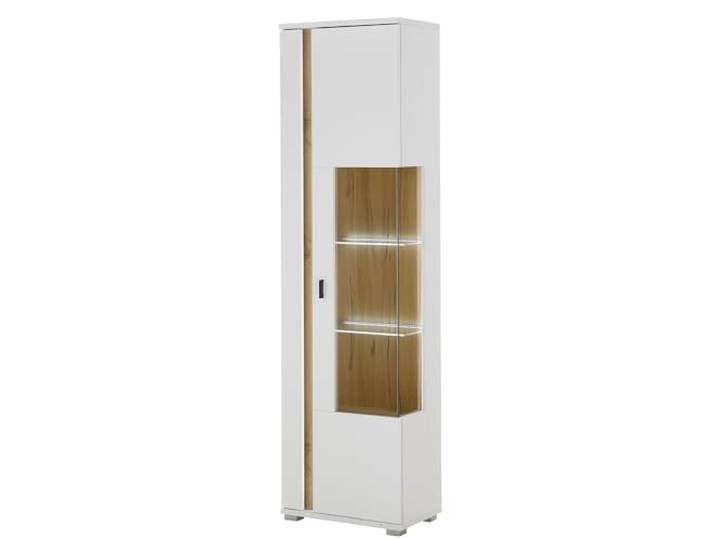 Lomadox Vitrinenschrank Vitrine Standvitrine Schrank mit Glastür Wohnzimmermöbel modern weiß mit Eiche inkl LED Beleuchtung