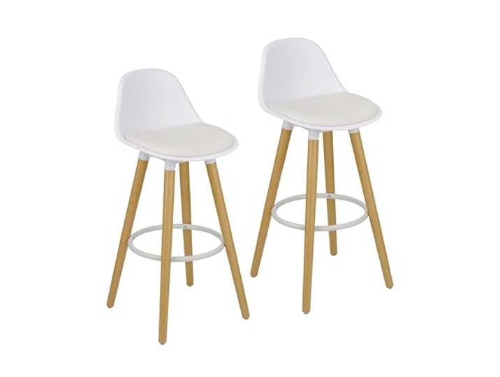 Baroni Home Set mit 2 Hockern mit Rückenlehne und Kissen, Fußstütze, modernes Design, Hochstühle aus PU und Stahlholz, für Haus und Restaurant, 40x42x92 cm, Weiß, 2 Stück