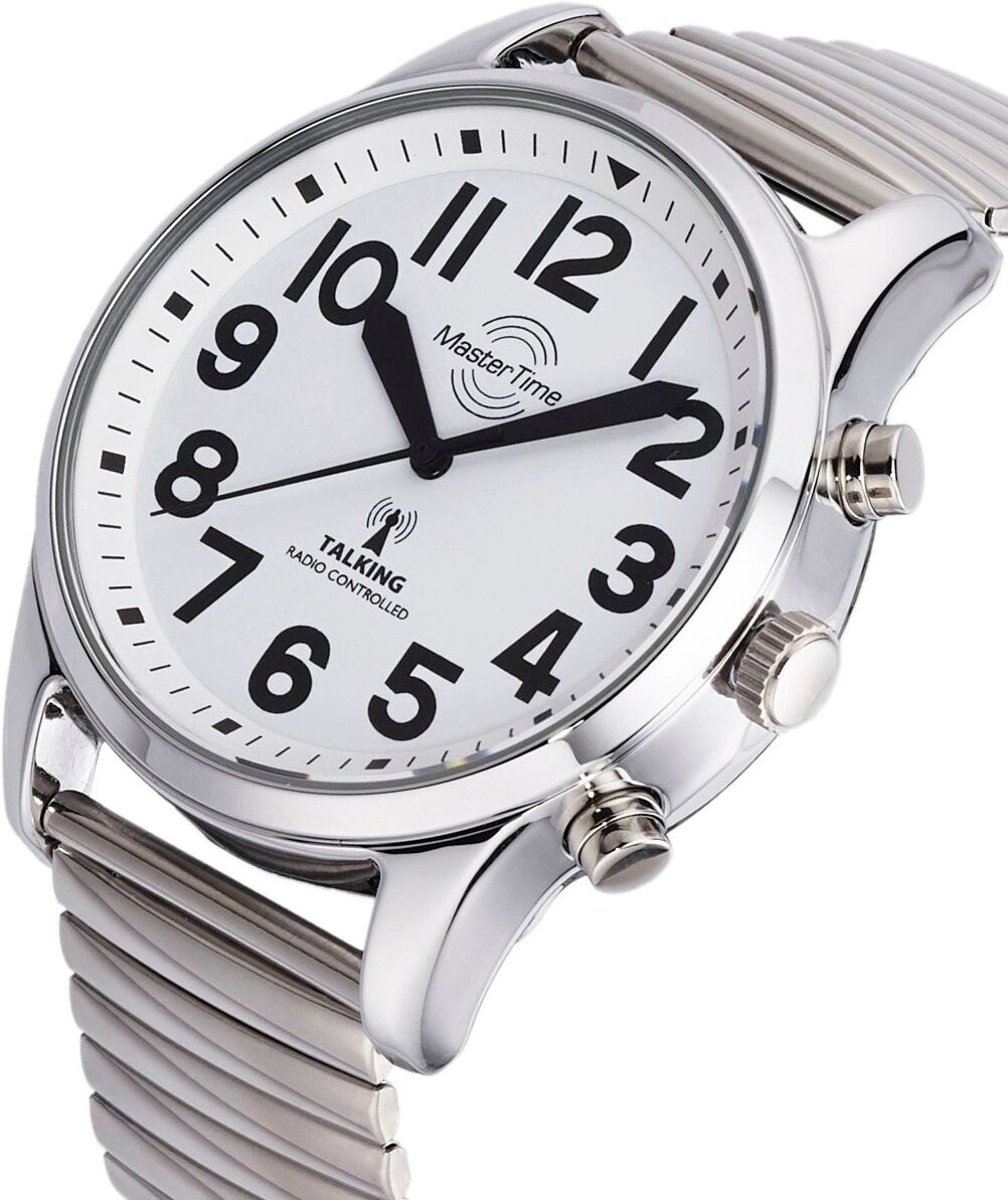 Funkuhr MASTER TIME "Sprechende Funkuhr", silber (silberfarben, weiß, weiß), Armbanduhren, Herren, silberfarben, Funkuhr, Armbanduhr, Quarzuhr, Herrenuhr, Flexband, Zugband