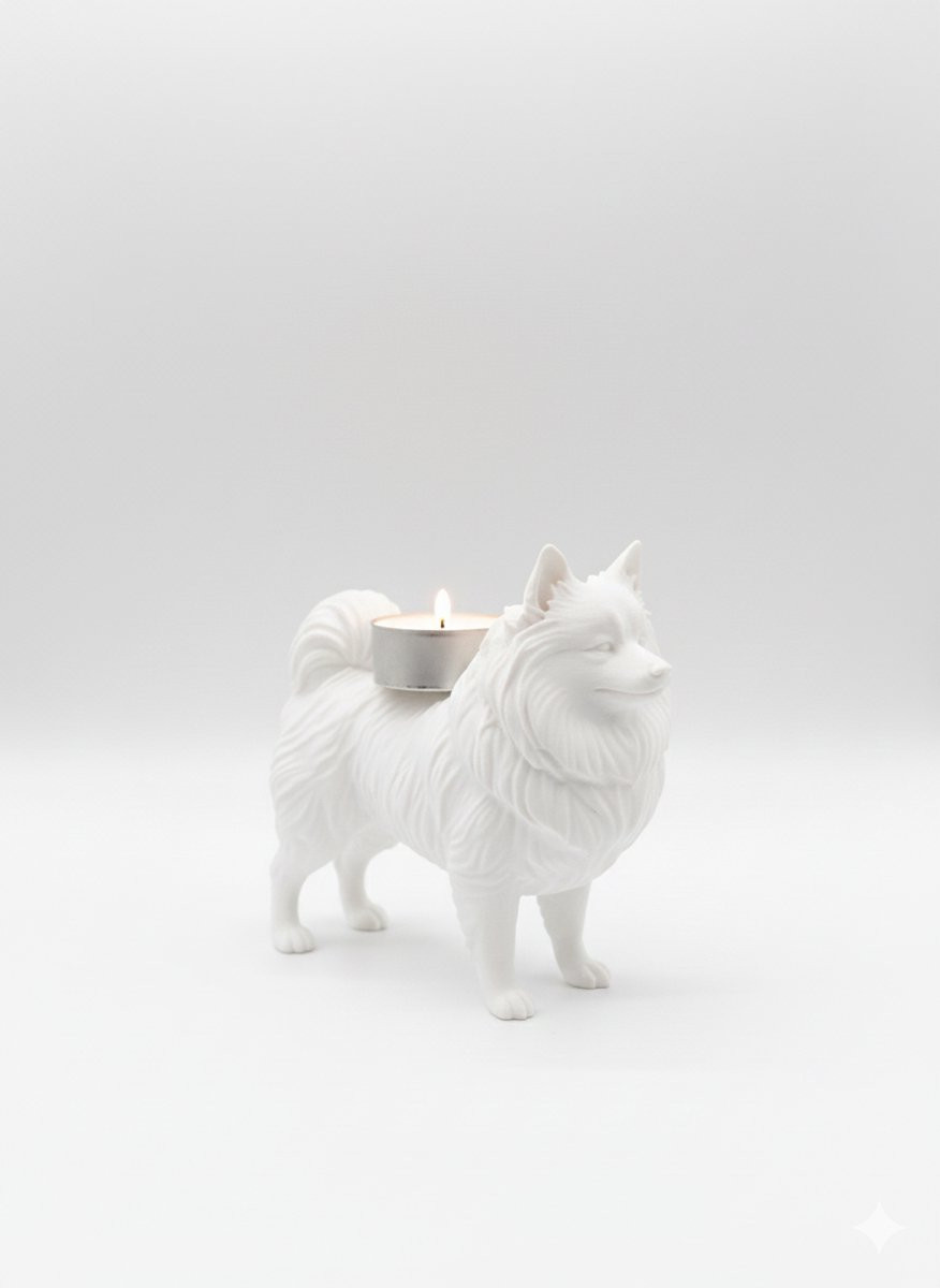 Hunoba Creative Keeshond waxinelichthouder met warm LED-licht, Wit