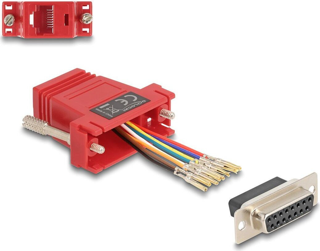 Delock Seriële adapter 15-polige D-Sub (DB-15) naar RJ-45 (8-polig) met individueel instelbare seriële poort - Rood