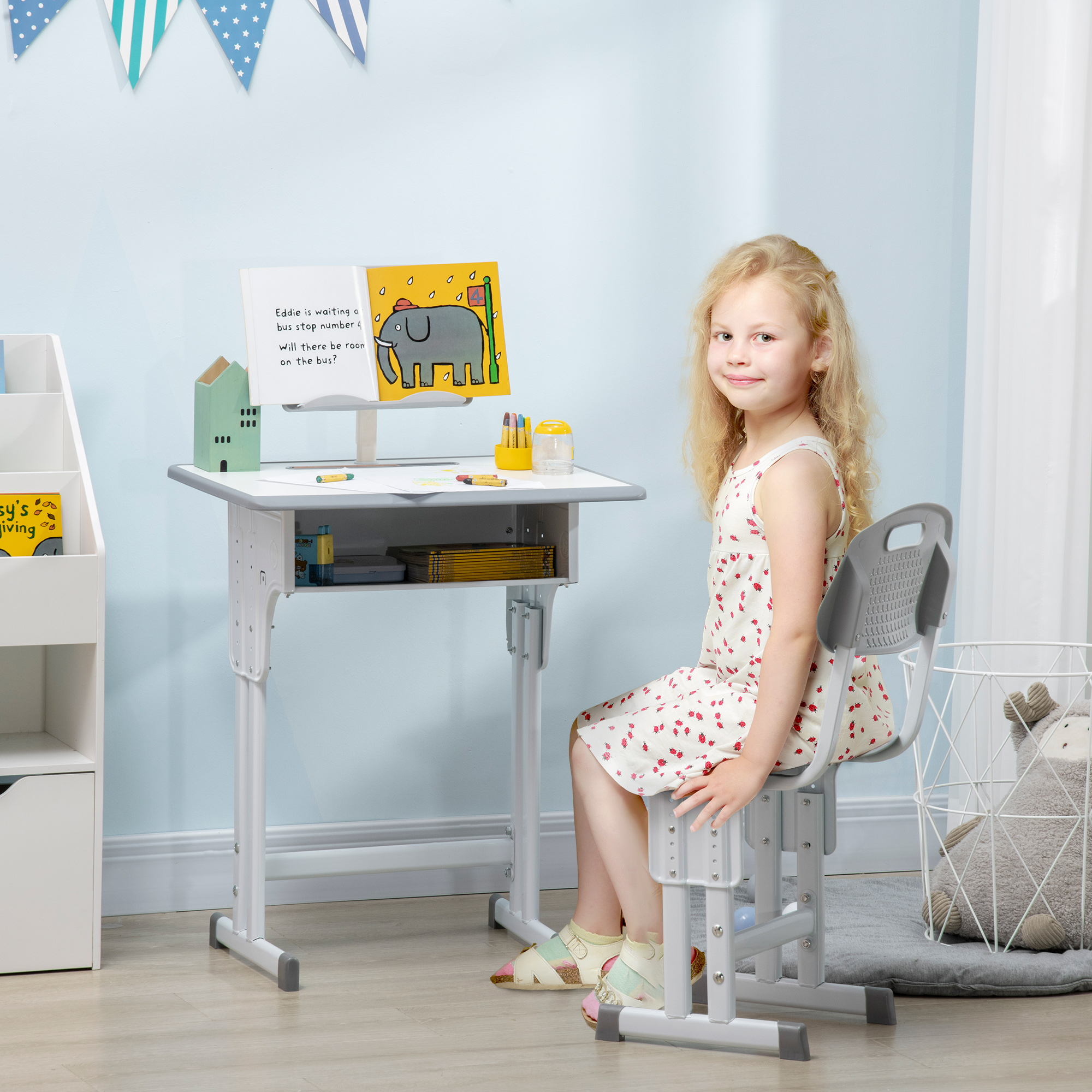 Homcom Banco Scuola con Sedia ad Altezza Regolabile per Bambini 6-12 Anni, Acciaio e MDF, Grigio Aosom