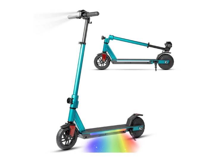 Vankel Elektro-Kinderroller klappbar, E Scooter für Kinder, ab 10 Jahre, 15km, Bunte Leuchten, Cityroller, 14km/h, EBS+Fußbremse, höhenverstellbar, mit Haken