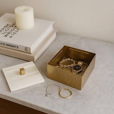 Sagebrook Home "Decorative Box with Stone Lid - 6"", White & Gold - 6.25"""