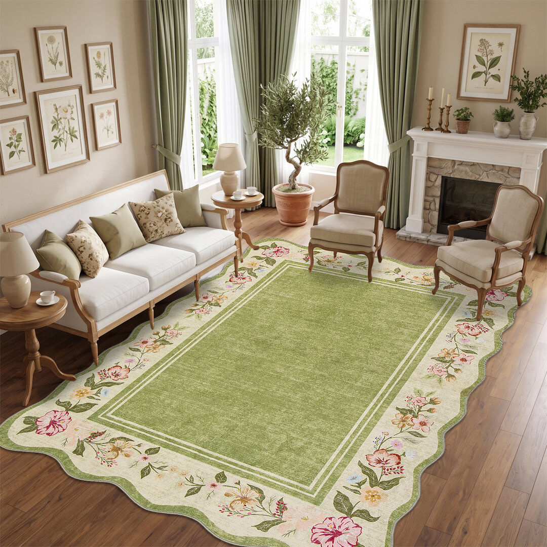 WONDERFUL INDUSTRY LIMITED Floral Scalloped Area Rug , Vintage Green Rugs for Living Room Green;Ivory 160*230cm