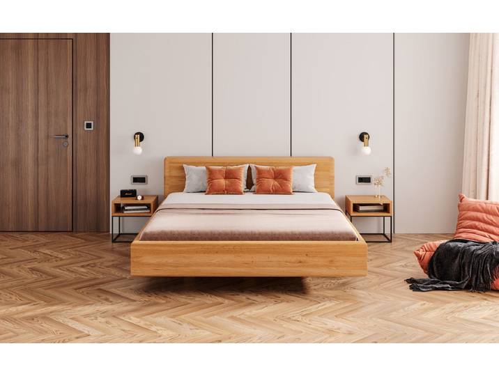 Designer Holzbett Arvelo aus massiver Eiche in Schwebeoptik und geraden Headboard - 140x200 - Wachsöl - Luxusbetten24