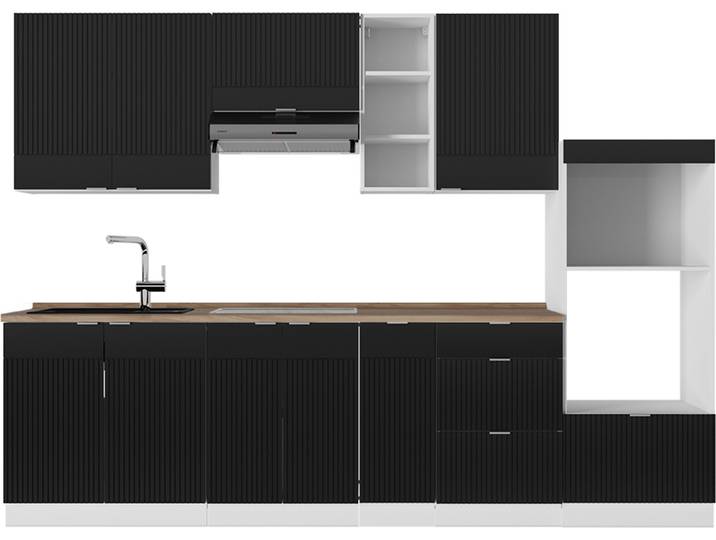 Küchenzeile Vicco Fame-Line Schwarz gestreift/Weiß 280 cm , AP Eiche, Model 51105
