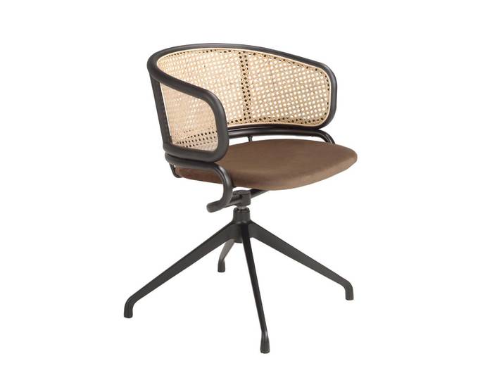 Angel Cerda Drehstuhl 4129 aus Rattan und braunem Samt, Angel Cerdá, Braun, Metall, Echtholz,Rattan, Füllung: Polyurethan (PUR),Polyurethan (PUR),Polyurethan (Pur), organische Form,Freiform,Freiform, Stativgestell, 56x74x53 cm, Esszimmer, Stuhl, Armlehnstühle