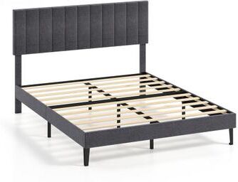 Costway Velvet Upholstered Platform Bed with Height Adjustable Vertical Channel Headboard-Queen Size