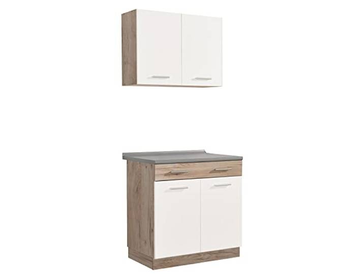 Homestyle4u Singleküche 80 cm Weiß Eiche - Küchenzeile ohne Geräte Unterschrank mit Arbeitsplatte & Hängeschrank, Weiß/Sonoma Eiche, modular erweiterbar