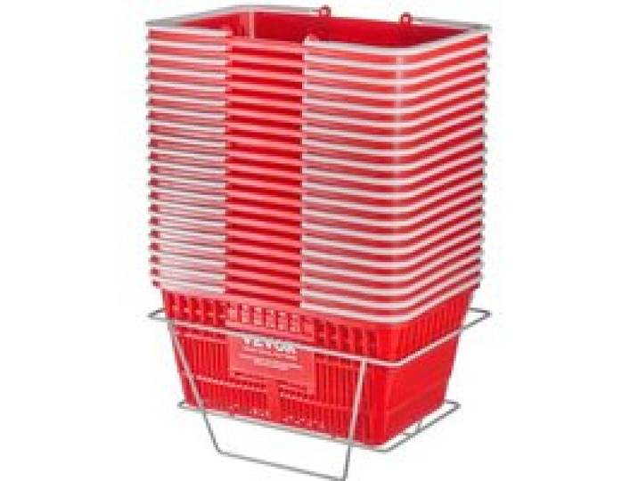 VEVOR Panier de courses, lot de 20, panier à provision en plastique durable 21 L avec poignée grise et support, 420x300x210 mm, panier d'achat pour magasins de détail, supermarchés, courses, rouge