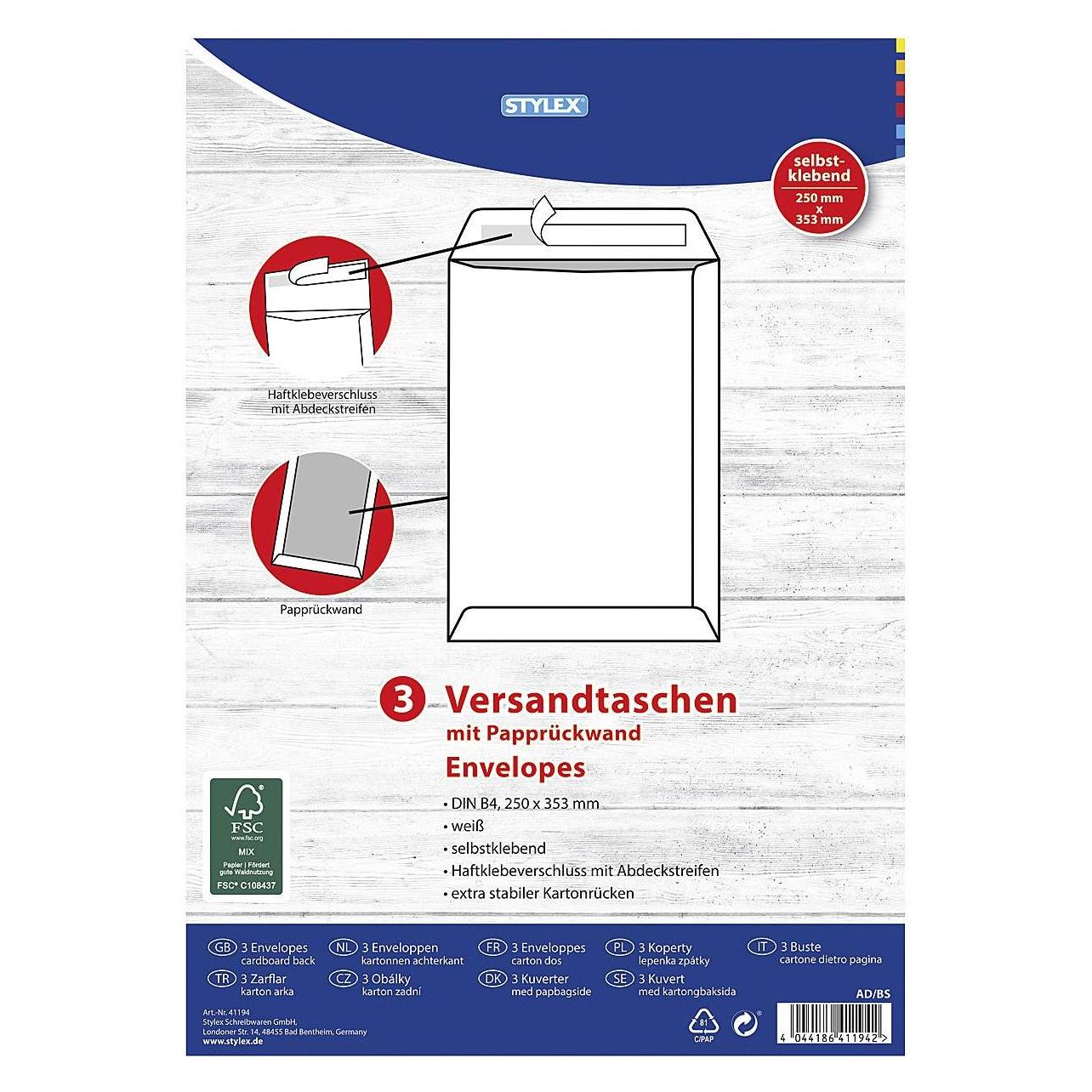Stylex Papprückwandtaschen B4 ws 3St (3 Stk.) (41194)