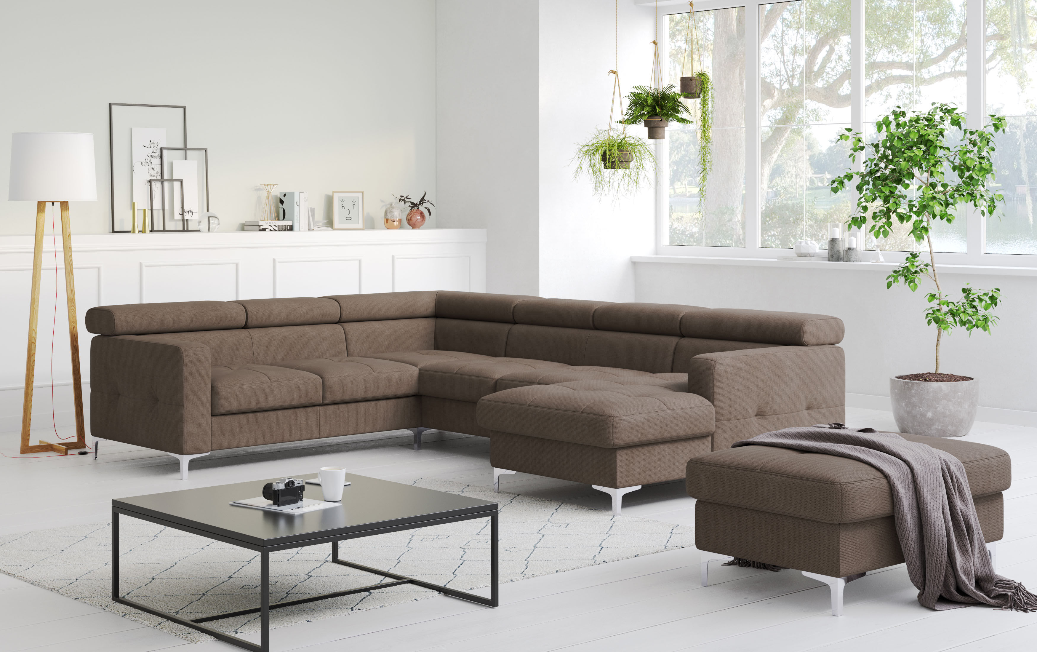Wohnlandschaft COTTA "Sammy U-Form, B: 304 cm", grau (taupe), B:304cm H:74cm T:240cm, NaturLEDER, die Rückseite ist mit schwarzem und die Liegefläche der Bettfunktion ist mit beigem Spannstoff bezogen, Sofas, Wohnlandschaft, Kopfteilverstellung, optional 