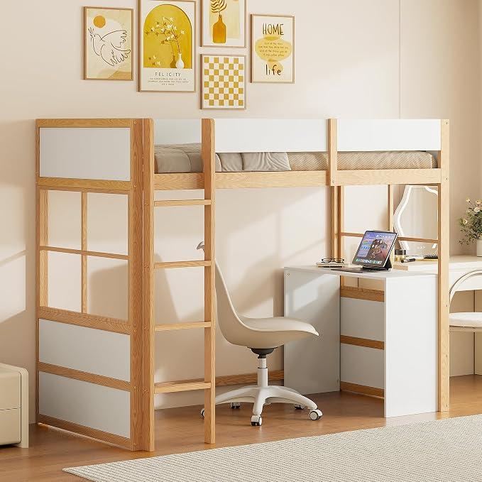 Etagenbett 90x200cm, Hochbett mit Sicherheitstreppe und Schreibtisch, Kinderbett mit Rausfallschutz und Lattenrost, Hohes Zaundesign, Einzelbett Jugendbett, Ohne Matratze (Natur)