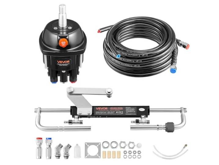 VEVOR Kit Direction Hydraulique Hors-bord 90 hp Système Direction Hydraulique Bateau pour Monomoteur Station Unique\, avec Pompe Barre 6\,9 MPa\, Cylindre Verrouillage Bidirectionnel\, Flexibles 7\,3 m