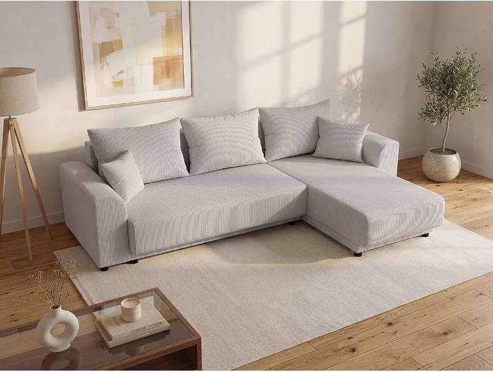 Ecksofa mit Schlaffunktion - Ecke wechselbar - Cord - Hellgrau - NESSARO