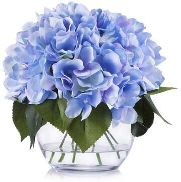 Enova Home Blue Artificial Silk Hydrangea Fake Flowers Arrangement in Clear White Vase with Faux Water for Home Wedding Decor