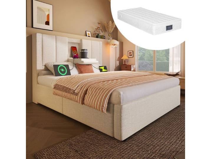 Lit coffre 90x200 - SOGEU - Lit Coffre 90x200 - Matelas 25cm inclus - Tête capitonnée USB & porte-gobelet - Coffre hydraulique