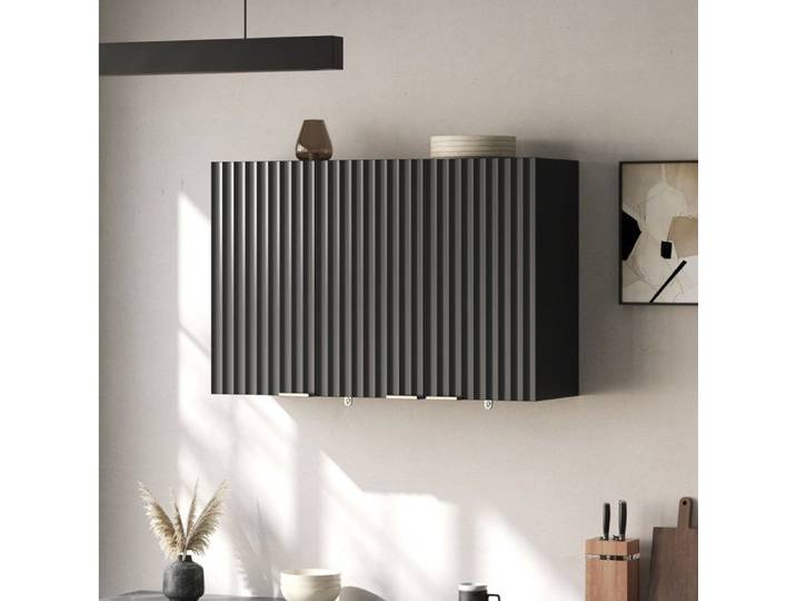 VUENOR Meuble haut de cuisine mural 90 x 29 x 60 cm noir – 3 portes rangement fermé en MDF
