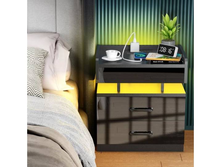 LDSZXNE Table de chevet avec LED avec Prise et Port USB - Table de nuit 2 tiroirs Noir - 45x35x52cm