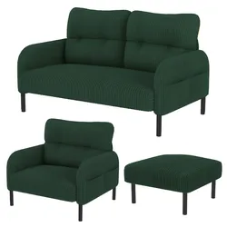 Cord 3er-Set Sofa, Sessel und Hocker, ergonomisch, flexible Anordnung, praktische Seitentaschen, robustes Metall-Holz-Gestell, 70x120 cm, Smaragd