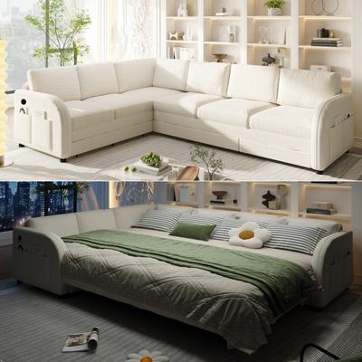 HOMEBAY "115"" L-Shaped Sectional with Pull-Out Bed, USB Ports & Side Pockets, King Size Upholstered Bed"