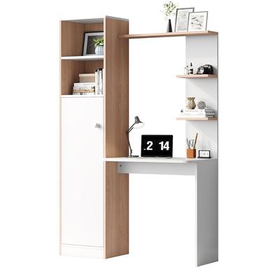 Merax Schreibtisch mit Aufbewahrung, unterer Schrank mit Türen & oberes offenes Regal, 123.5x45x168.5 cm, Weiß/Stabholz-Kontrast