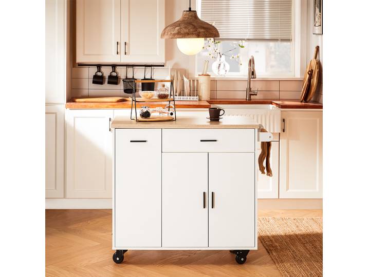 SoBuy FKW126-WN Chariot de cuisine design avec îlot de cuisine en rouleau avec plaque de travail et étagère à épices pour cuisine blanc BHT environ 105x92x46cm