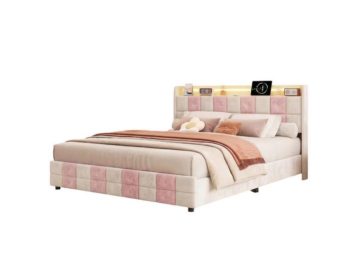 Shopentra Samtbett 140x200 WEIß Rosa LED Stauraum Modern, Weiß, 140x200 cm, Schlafzimmer, Betten, Polsterbetten