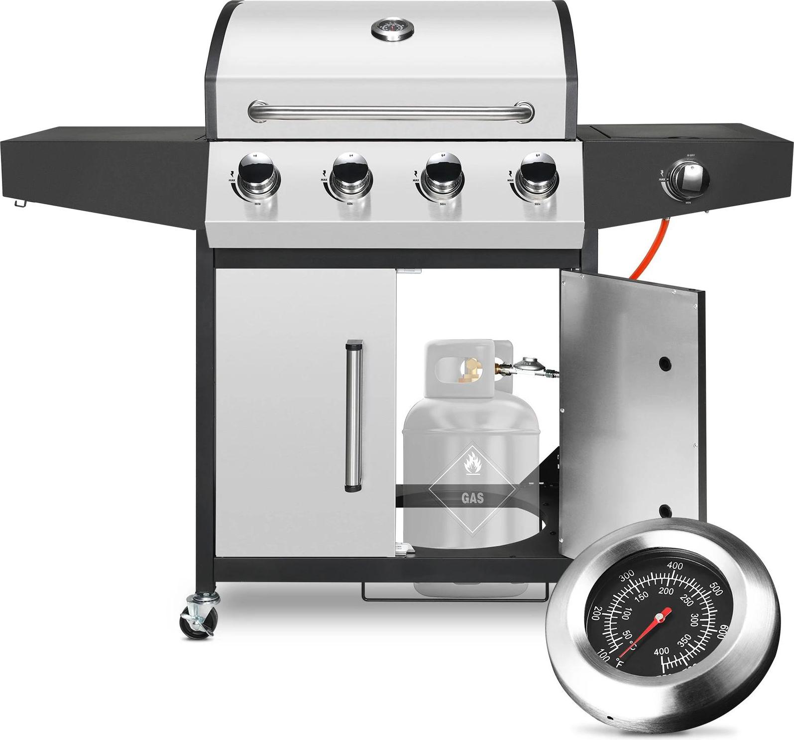 Gasgrill - Grillwagen 4+1 - Seitenbrenner - Erdgas - Edelstahl - 52.000 BTU - Große Grillfläche - Silber