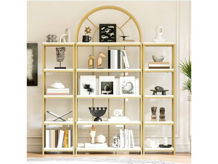 Bibliothèque modulable 3 pièces 163 x 30 x 184 cm en MDF blanc et métal doré avec arche décorative