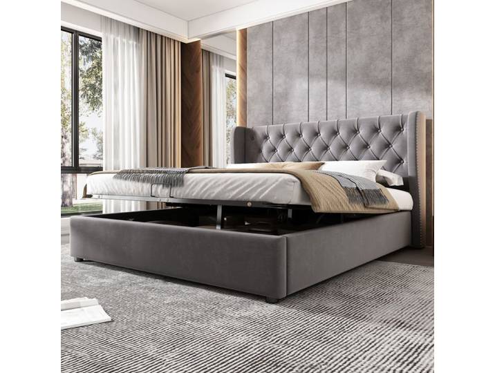 Lit coffre double - SOGEU - élégant scandinave chic - Velours gris - Sommier à lattes inclus - Rangement hydraulique