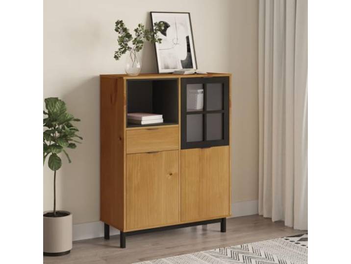Elegantes Highboard aus Kiefernholz mit Glastür und viel Stauraum – Aufbewahrungsschrank mit Wandhalterung und Massivholz-Optik