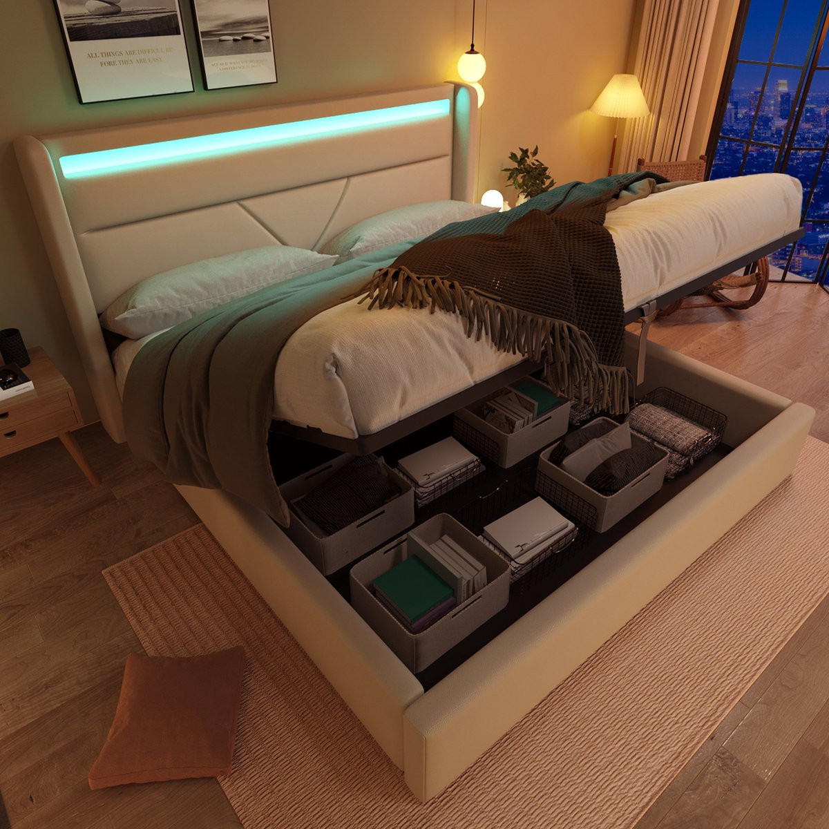 Polsterbed Opbergbed 160x200 cm met LED-verlichting en hydraulische opbergruimte - Wit PU-leer