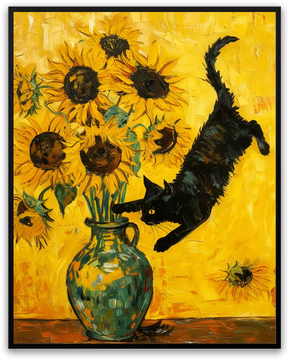 Fotolijst met schilderij van Zonnebloemen van Gogh en een kat, 30 x 40 cm