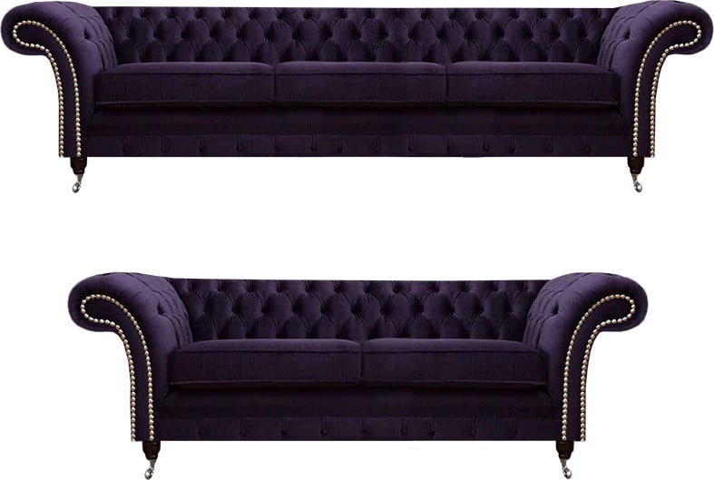 Lila Chesterfield Sofaset met Driezitsbank en Tweezitsbank in Luxe Bekleding