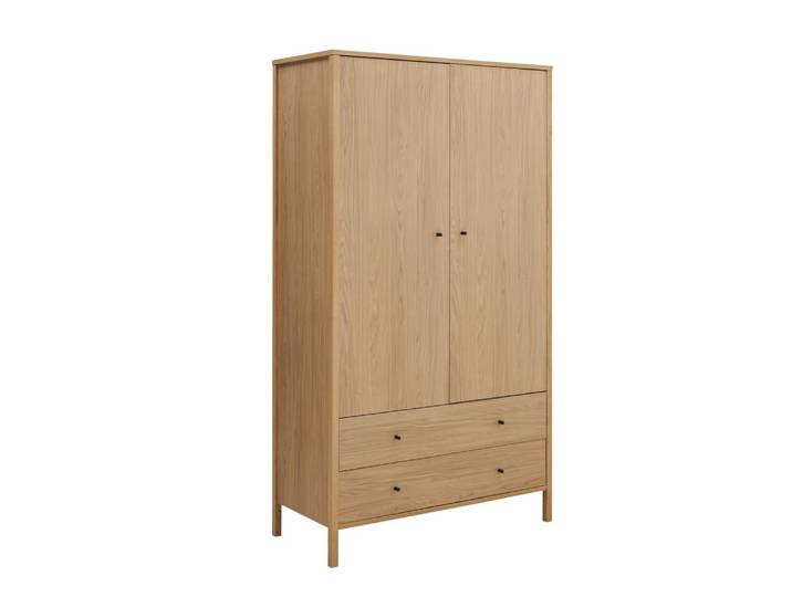 Armoire 2 portes 2 tiroirs effet bois poignées noires