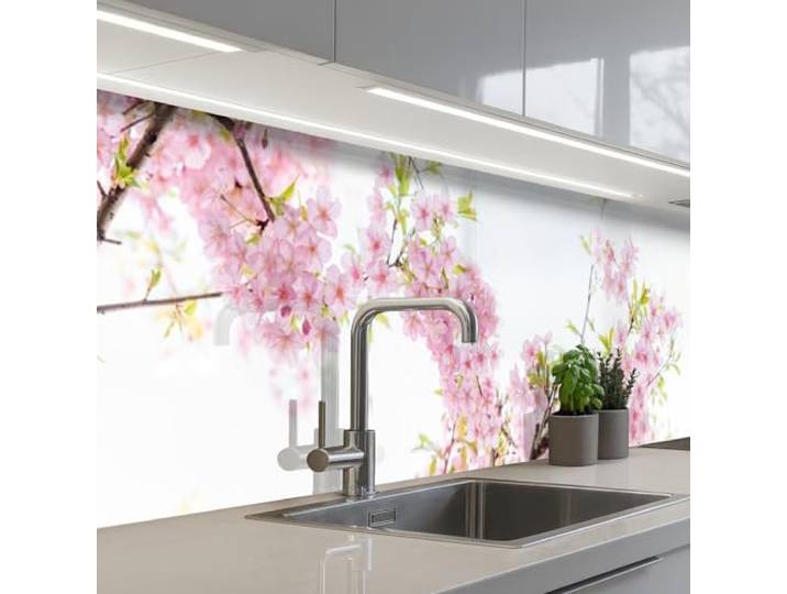 KitchenYeah© Spritzschutz Küche Küchen Rückwand Küchendeko Wand Wandschutz 80x400 cm - Selbstklebend Backsplash Kitchen Peel And Stick Kirschblüte - Rosa - Blumen - Sakura - Natur