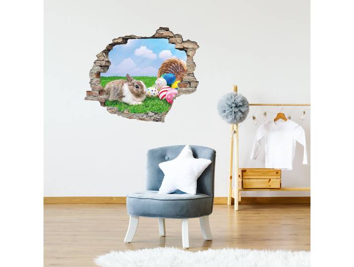 3D-Wandtattoo QUEENCE Hase mit bunten Ostereiern , bunt, B:60cm H:50cm, Vinyl, Wandtattoos, 3D-Wandtattoo, Selbstklebender Wandsticker Ostern Wanddurchbruch 60x50cm