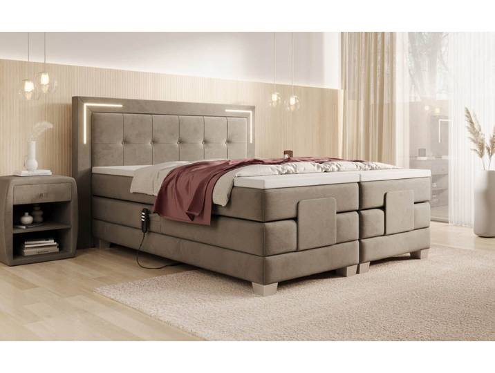 Boxspringbett Noctis Samt elektrisch verstellbar mit LED - 140x200 - Beige - H3 (70-100kg) - Luxusbetten24
