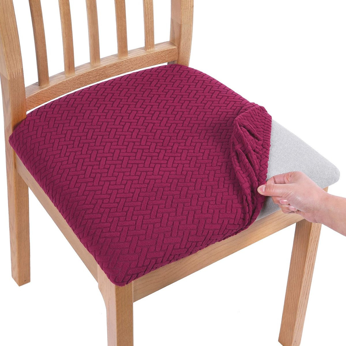 Ibenzoa Stoelhoes Zitvlak Set van 4, Stretch Stoelhoes voor Eetkamerstoelen, Bordeauxrood
