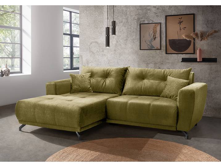 Ecksofa mit Sitztiefenverstellung Grün Samt Josita 246 x 80 x 177cm Longchair davorstehend links Modern