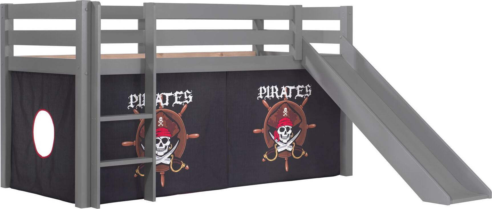 Kinderbett mit Rutsche Karolina Massivholz Grau Textilset Pirate