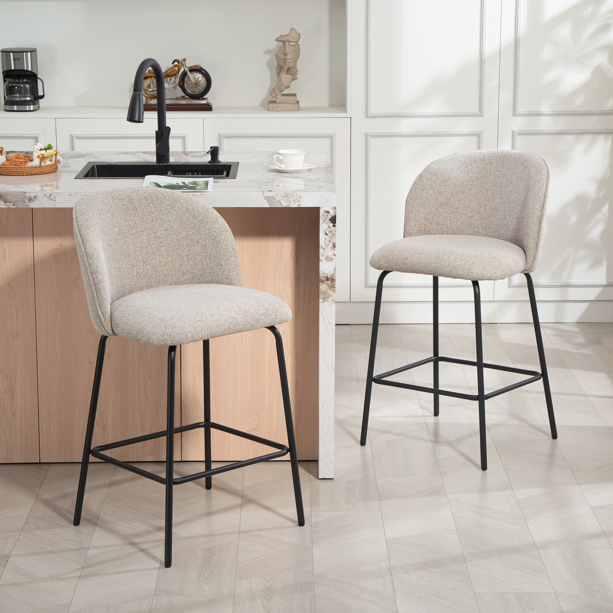 Altro Set 2 Sgabelli Da Bar Con Schienale E Poggiapiedi, Rivestimento In Tessuto E Gambe In Acciaio, Grigio