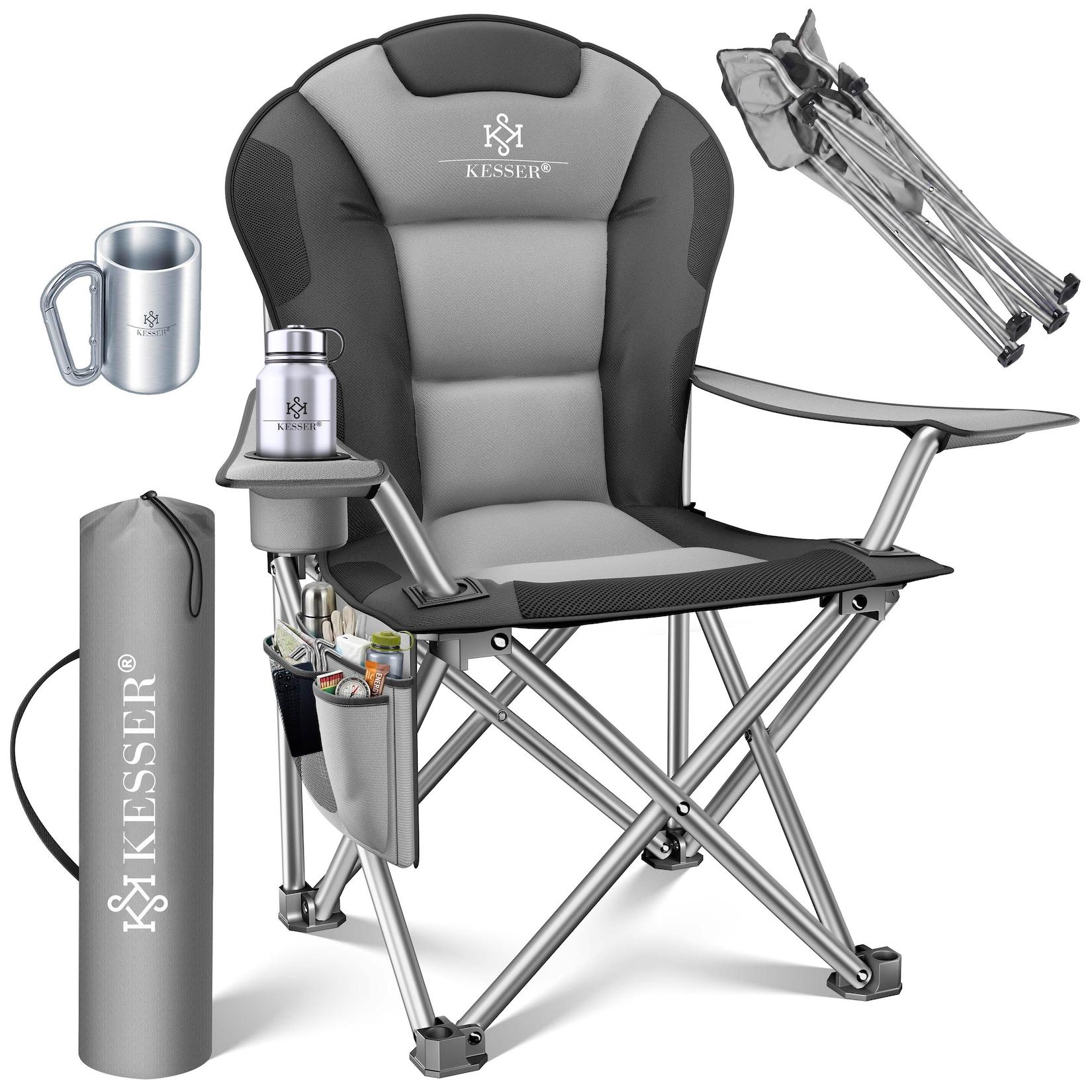 KESSER® Campingstuhl faltbar bis 150 kg Angelstuhl Faltstuhl Klappstuhl Gepolstert mit Armlehnen, Getränkehalter + Tasche mit hoher Rückenlehne, Strandstuhl, Klapphocker