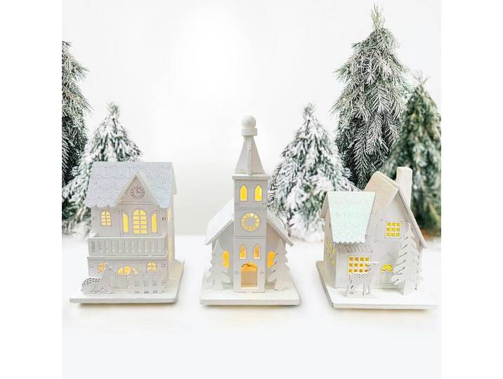 Weihnachtsdorf 3-teiliges Set mit Beleuchtung Holz, Weiß, 9x14.5x6 cm, Dekoration, Weihnachtsdekoration