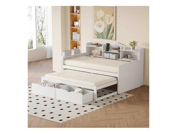 OKWISH Kinderbett Kinderbett Gästebett (mit Ausziehbett 90x190, 2 Schubladen & großem Staufach, integrierter Ablagekorb und USB-Steckdose, 90 x 200 & 90 x 190 cm), ohne Matratze